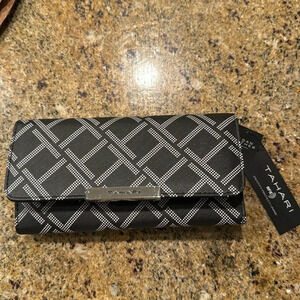 Tahari black dotted logo Royal Flush vegan leather snap closure wallet/clutch